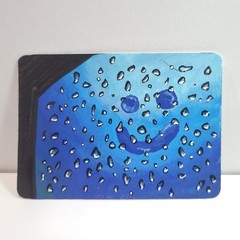 Original ACEO Smiley Face Window Painting Rainy Day Art Card OOAK Blue Artwork