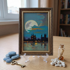 Full Moon Original Oil Painting 4×6 Framed Signed Gothic Castle Night River Art
