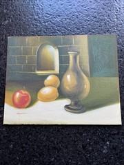 Hand Painted Still Life On Wood Artist Signed Fruit Vase Unframed 8” X 10”