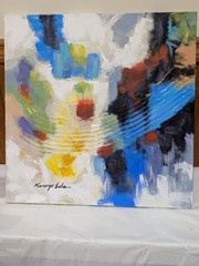 Original framed blue white red abstract acrylic painting on Canvas. 24in x 24in