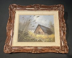 Painting by M. Rent Rural Barn Oil on Canvas wood frame