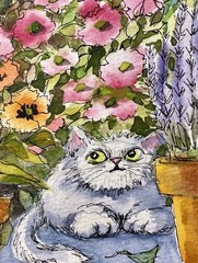 5.75×8”Pamela Wilhelm Original Ink & Watercolor Poppies Pansies Lavender Cat