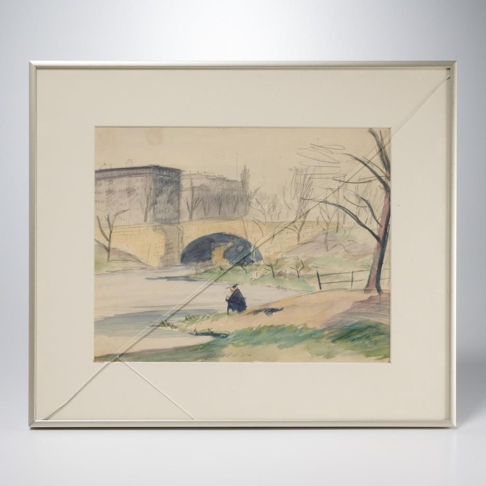 Bostonian Figure Meditating Charcoal and Watercolor Painting Paper Framed 17.25″