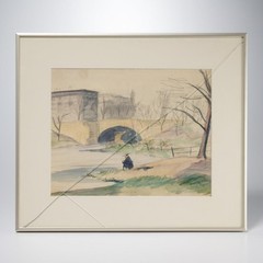 Bostonian Figure Meditating Charcoal and Watercolor Painting Paper Framed 17.25″