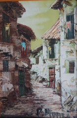 P Monzo Signed Old Town Palette Knife Oil Painting, 13 3/4″ x 12 1/4″, Framed