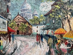 Expressionist Framed Oil Painting Paris Montmartre City Scene, 1925-1949