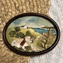 Vintage Small Painting Oval Miniature Landscape Coastal Country Town 6” x 4.5”