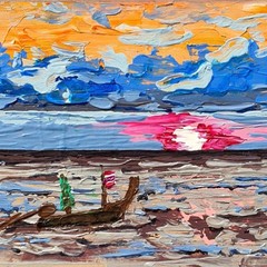 Sunset Seascape Painting Boat Ocean Original Art Colorful Coastal Wall Decor 6×8