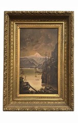 Antique 19th C. Oil On Board of Mount Hood, Oregon Ornate Gilt wood Frame