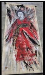 Geisha painting (acrylic scroll) – Very large 90 in x 42 in , Asian , wall art