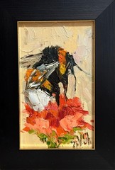 Framed Original Painting Bumblebee Honey Bee Impasto Flower Oil Signed Art