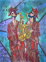 Ricardo Maya Modernist Sax Muscicians Acrylic Painting, Signed, w/ Provenance