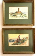 Set of Two Vintage Rhine Castles Views Watercolor Paintings Germany Signed