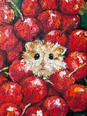Hamster Original Art Cherry Wall Art Abstract Oil Pastels Animal Art Fruit Art