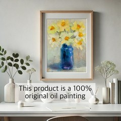 Daffodils Oil Painting Yellow Flowers in Blue Vase Canvas 8×10 inc Elena Boyko