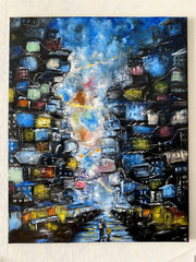 Cyberpunk Painting Cityscape Original Art Abstract Artwork City Wall Art Large