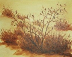 Monochrome Birds on Bush 8″ x 10″acrylic painting Signed M Prat