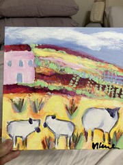 Southwest Sheep With Pink Farmhouse An Original Acrylic Painting 10”x10”