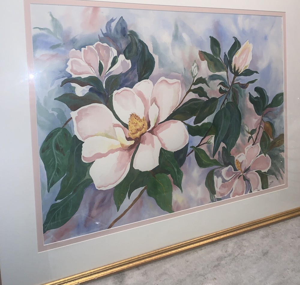 Original Vintage K Dore Magnolia Flowers Watercolor Framed Signed 37”x29.5”