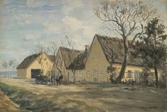Antique oil. Luplau Janssen(1869-1927):”Farmhouse and horse-drawn waggon”