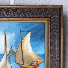 Pair Vtg Haitian MCM Sailboat Oil Paintings Signed Jack 8×10 Carved Wood Frames