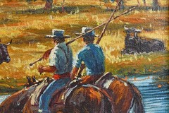 Francisco Sanchez Manso Mini Oil Painting Young Fishermen on Horses with Bulls