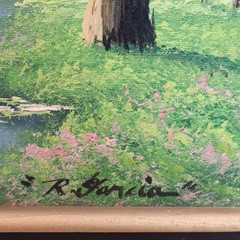R Garcia Original Oil Painting Spring Landscape Tree Lake Pond Wood Framed
