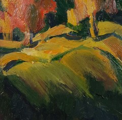 Autumn Hillside with Golden Trees, Vintage Oil Landscape, Mountain View