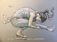 Original Pastel And Ink Sketch, 9×12 Inches, Superhuman Ice Skater Spinning