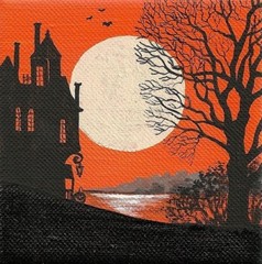 4X4 PRINT OF PAINTING RYTA HALLOWEEN FOLK ART LAKE HAUNTED HOUSE VINTAGE STYLE
