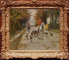 Antique Style Equestrian Oil Painting Hunting Scene Red Coat Riders & Dogs Art