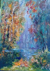 Painting „Autumn Lake“. Oil on hardboard. 5×7 inc. Handmade. 2026. Unframed.