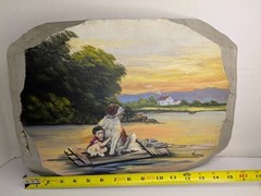 Vintage Minnie Wonsmos Boy & St. Bernard Dog On Raft Oil Painting On Wood Signed