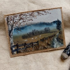 ACEO Original Sheep Landscape Painting Moody Rural Field Countryside Mini Art