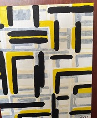 Original Abstract Acrylic Painting Yellow Black Gray Geometric Grid Modern Wall