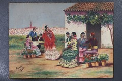 RARE Rubio Sevilla Fiesta/Family Gathering Orig. Oil on Board App. 7.25″ X 5.25″