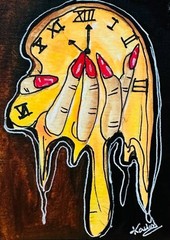 Melting Time Clock Surreal ACEO Original Acrylic Painting Gothic Pop Art OOAK