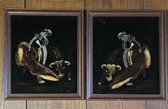 Vintage Velvet Oil Painting Matador Bull Bullfight 14″x12″ Set Of 2