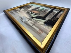 Vintage Japanese Silk Embroidery Landscape Framed Art Mid-Century Gold Thread