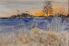 Arisa Strazds – „Winter at sunset“ – paper/watercolor painting, 21×30 cm