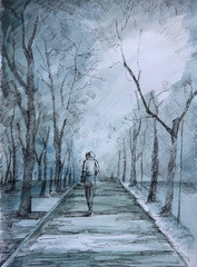 Original Watercolor Ink Landscape Walking Figure Forest Path Painting