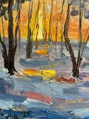Original Oil Painting Sunset Winter Landscape Forest Impressionism Art Signed