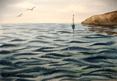 BOAT BIRDS SEA WAVES SKY Original Modern Art Painting Landscape Seascape Gift A5