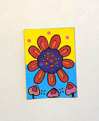 Original ACEO Pink Daisy Flower Art Card Folk Art Floral Signed OOAK