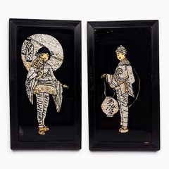 Reverse Painted Glass Foil Tinsel Art Panels Japanese Figures Pair 1910s-40s