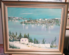 ALFRED BIRDSEY HUGE ORIGINAL OIL ON CANVAS BERMUDA SEAPORT SCENE PAINTING 1986