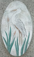 2 Vintage Signed Original Coastal Beach Textured Art Bird Heron Bird Cat Tails