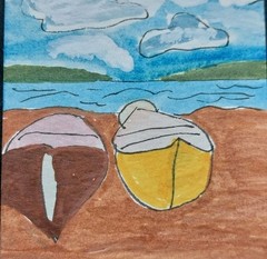 ACEO Painting Original Art Card Seascape Boat Ocean Lake Sea 3.5X2.5 ATC GAT