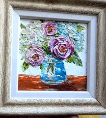 Hydrangea , Roses Original OIL Impasto PAINTING Impressionism , Framed