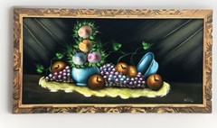 Vintage Still Life Oil Painting Velvet Canvas Wooden Ornate Frame 49” X 26”
